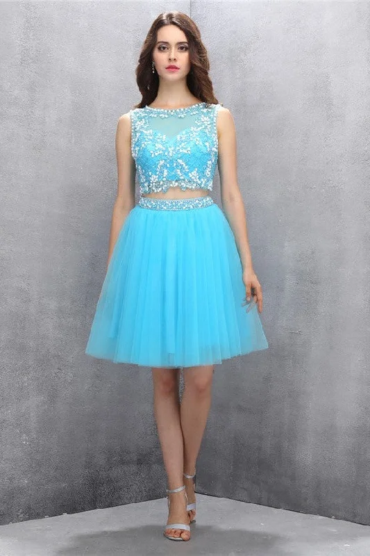 Light Blue Beaded Open Back Short Tulle Homecoming Dress K577