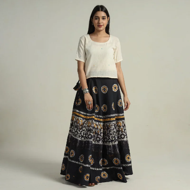 Black - Hand Batik Printed Running Stitch Cotton Long Skirt 31