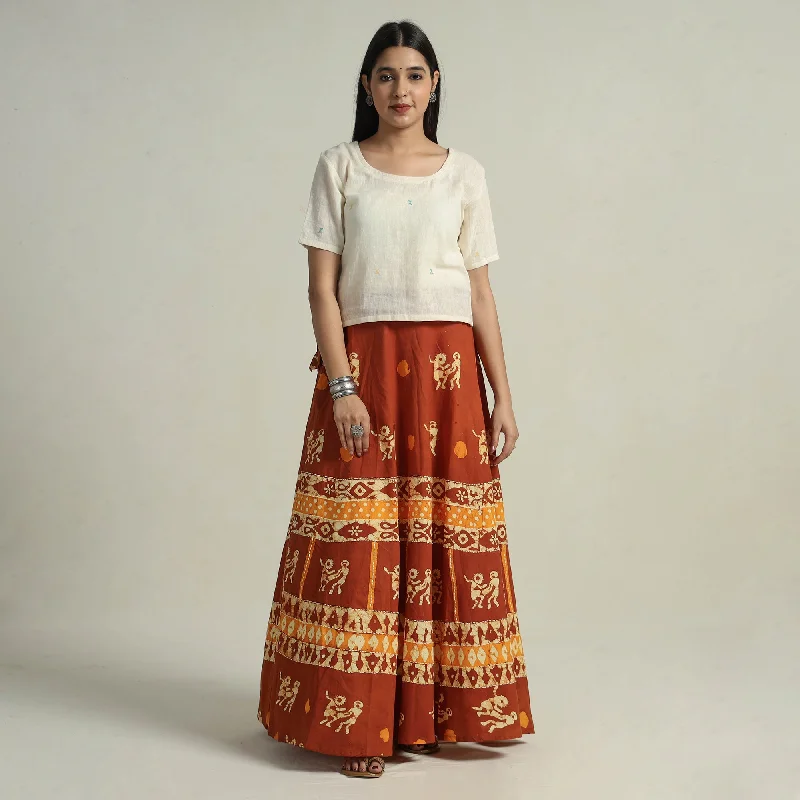 Brown - Hand Batik Printed Running Stitch Cotton Long Skirt 18