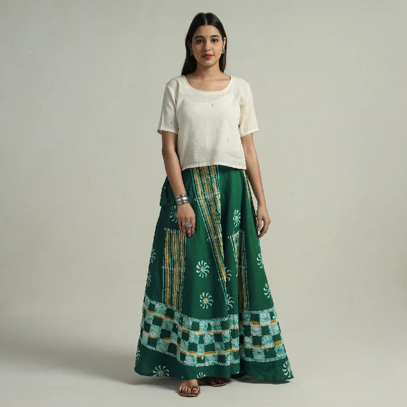 Green - Hand Batik Printed Running Stitch Cotton Long Skirt 99