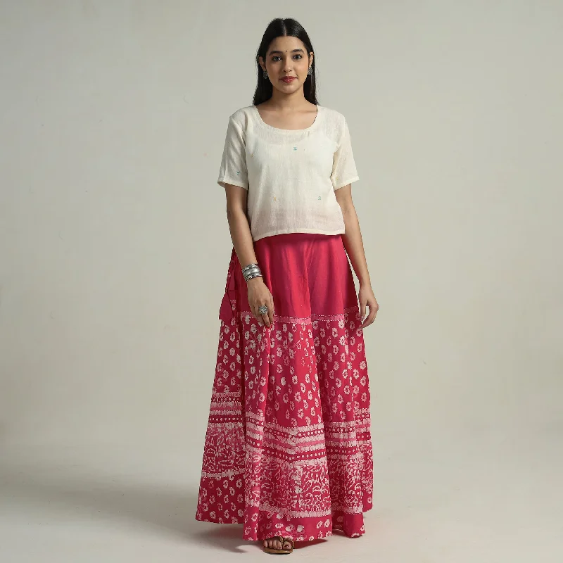 Pink - Hand Batik Printed Running Stitch Cotton Long Skirt 98