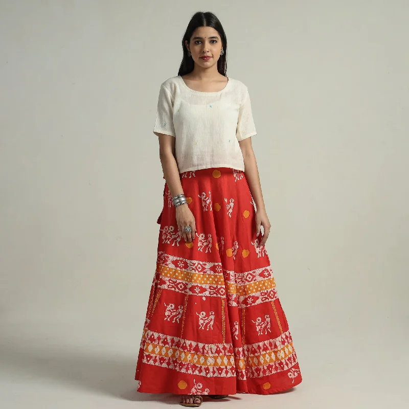 Red - Hand Batik Printed Running Stitch Cotton Long Skirt 106