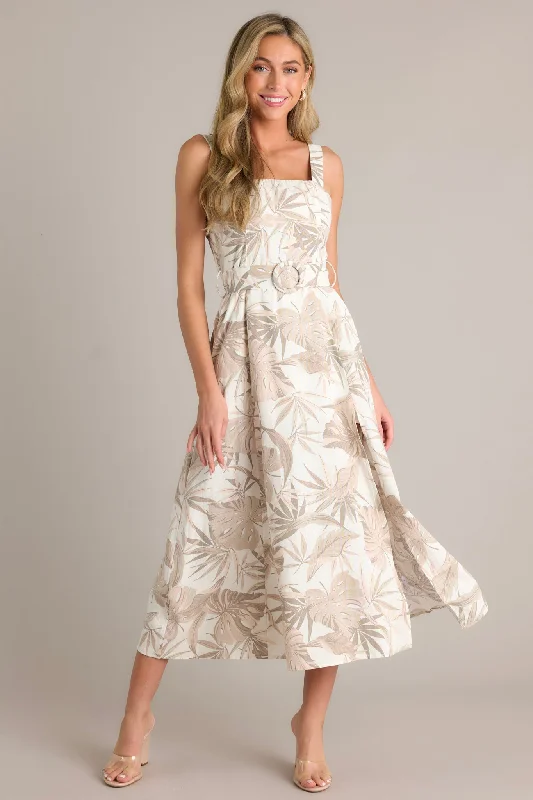 As You Know Tan Tropical Print Belted Midi Dress