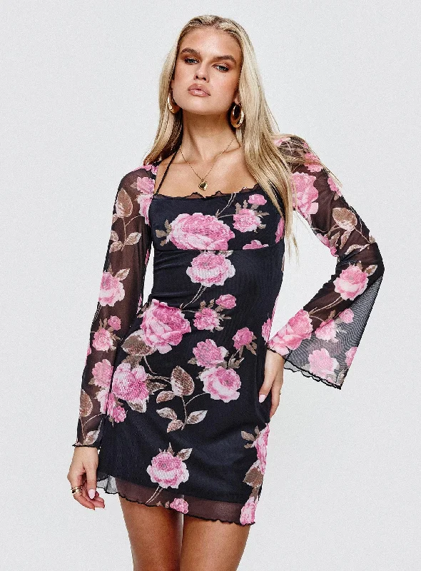 Bilbao Long Sleeve Mini Dress Black / Floral