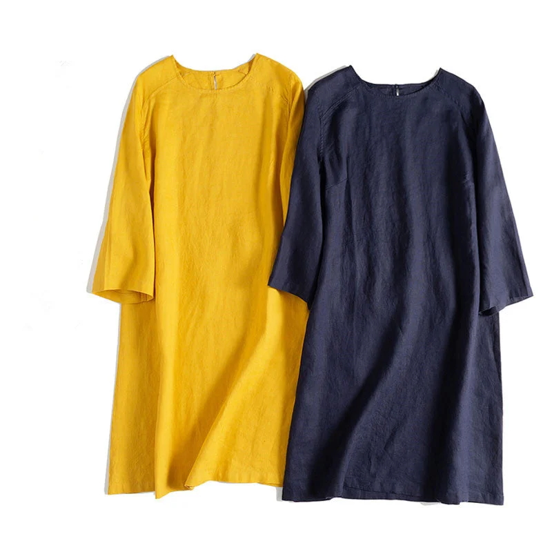 Blue And Yellow Linen Summer Dresses Women Loose Clothes