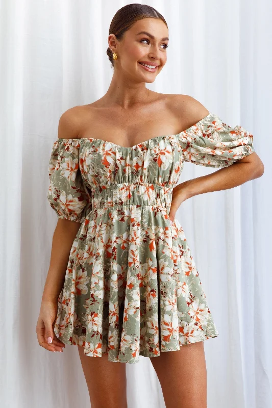 Chasing Sunsets Off-Shoulder Mini Dress Floral Green