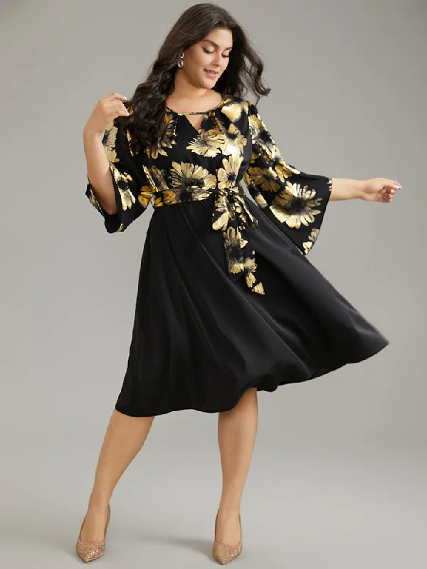 Floral Glitter Belted Keyhole Flutter Sleeve Dress