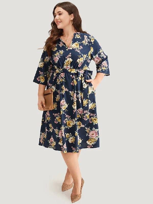 Floral Print Frill Trim Belted Pocket Dress