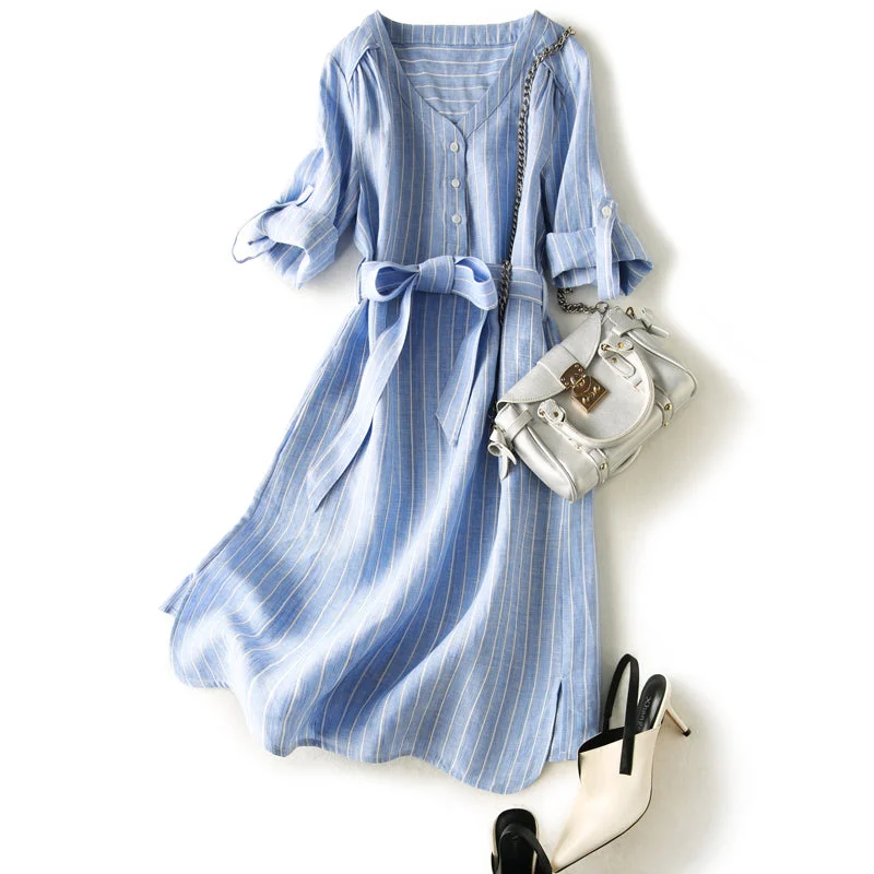 Linen Summer Dresses Blue White Stripe Clothing For Women