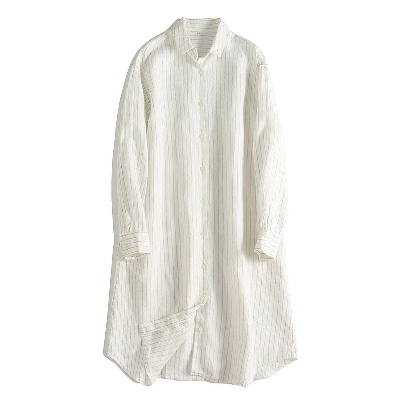 Loose White Striped Linen Shirt Dresses For Summer