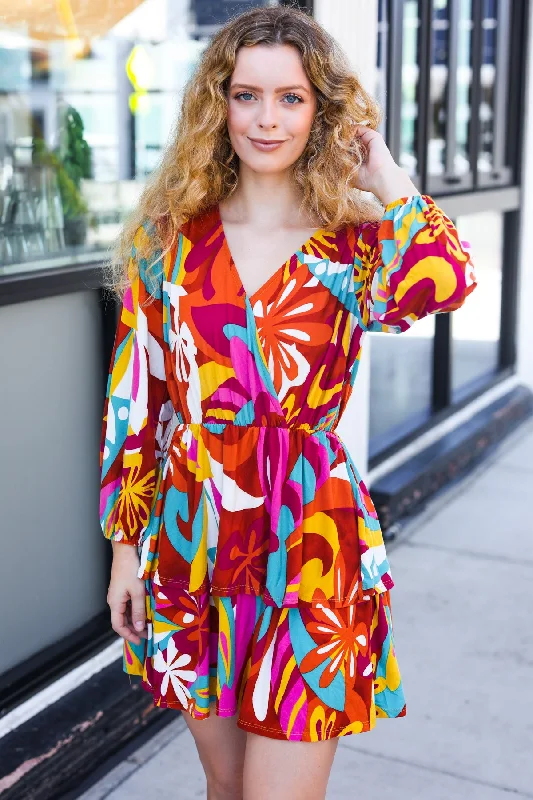 Multicolor Abstract Floral Surplice Dress