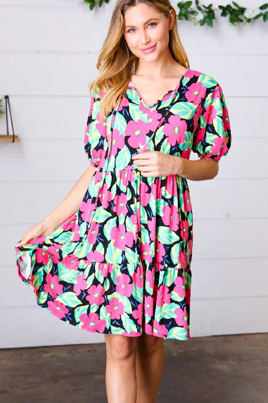 Multicolor Flat Floral Tiered Front Tie Pocketed Dress (Open Pack)