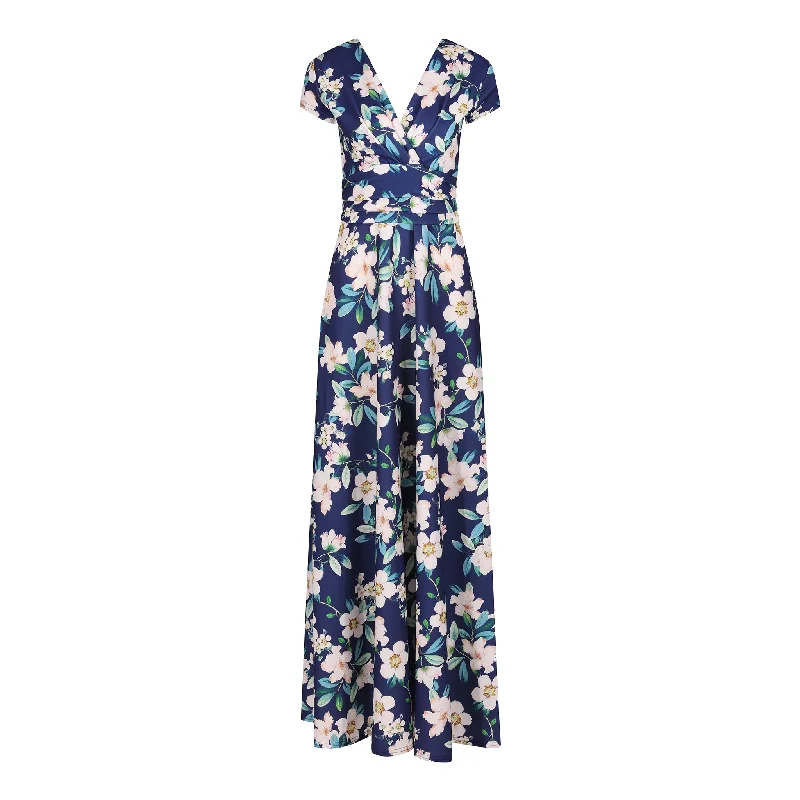 Navy Floral Print Cap Sleeve Wrapover Maxi Dress