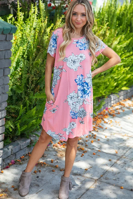 Peach Short Sleeve Big Floral Scalloped Swing Dress (Open Pack)