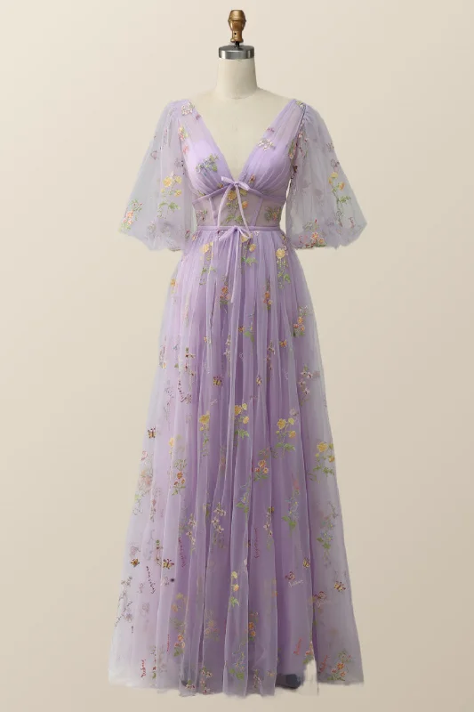 Puffy Sleeves Lavender Tulle Floral Embroidery Formal Dress