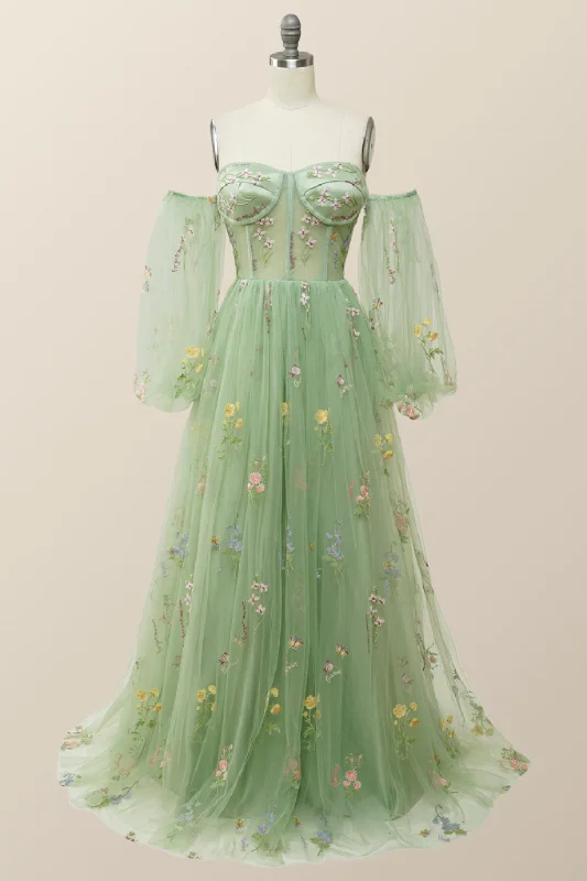 Soft Green Floral Embroidery Formal Dress