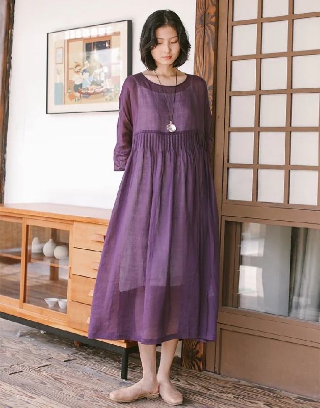 Summer Thin Linen Loose Dresses Women Casual Outfits Q19061