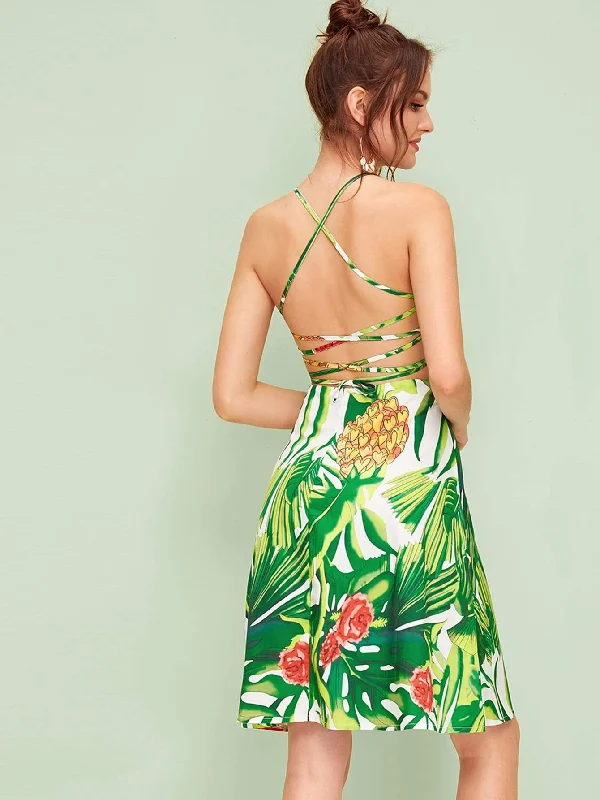 Tropical Print Lace Up Back Flare Slip Dress