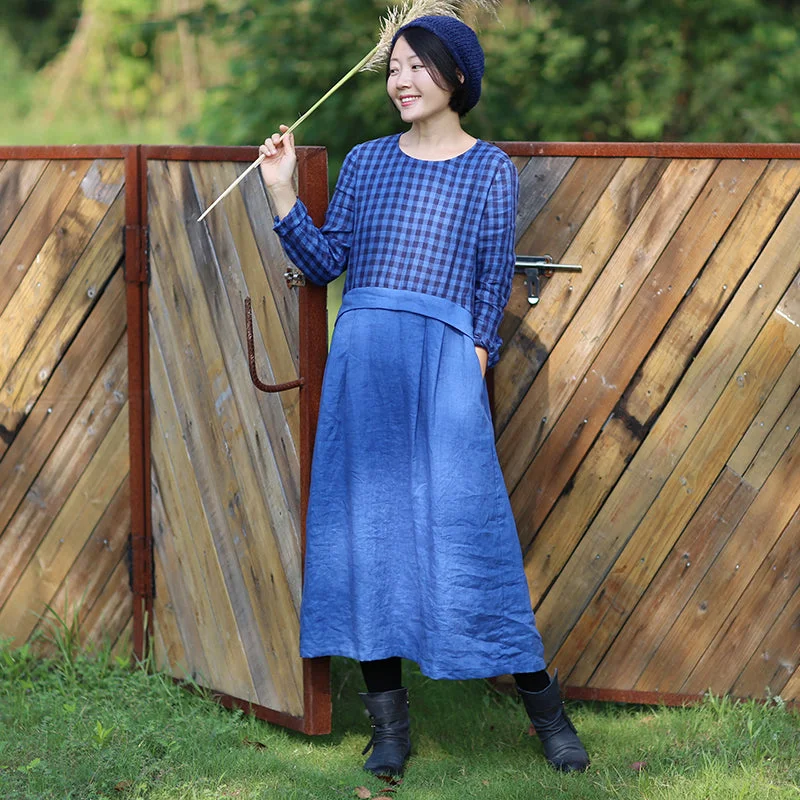 Women Linen Blue Checked Patchwork Dress