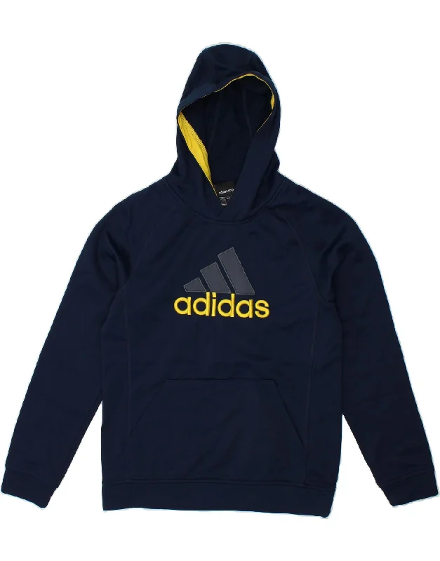 ADIDAS Boys Graphic Hoodie Jumper 12-13 Years Large Navy Blue Polyester