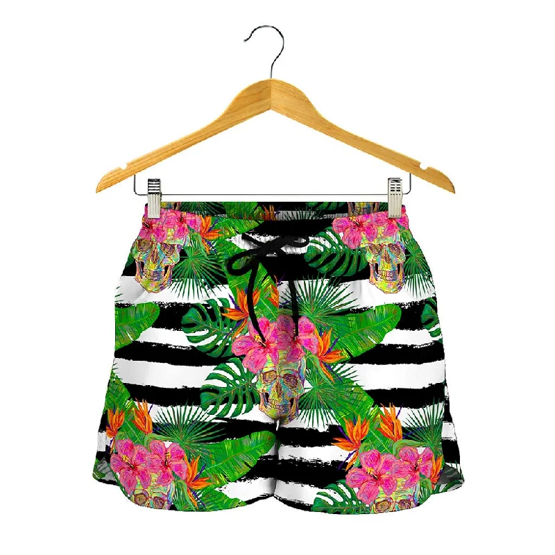 Aloha Skull Striped Pattern Print Women's Shorts