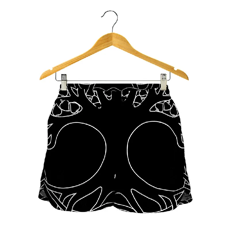 Black And White Viking Yggdrasil Print Women's Shorts