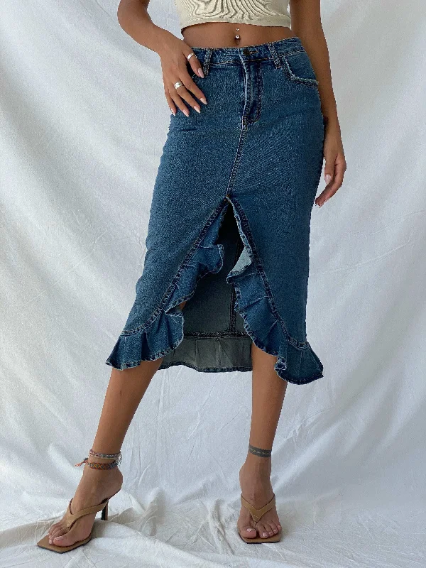 Vintage Y2K Jennyfer Ruffled Hem Midi Denim Skirt - XS