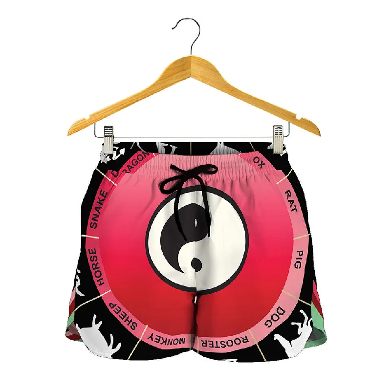 Yin Yang Chinese Zodiac Signs Print Women's Shorts