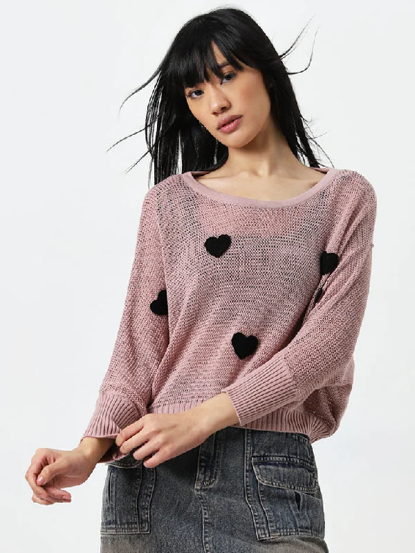 Nuon Dusty Pink Heart Embroidered Knitted Cotton Sweater