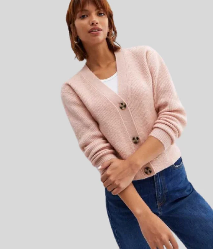 Pink Ribbed Knit Button Cardigan