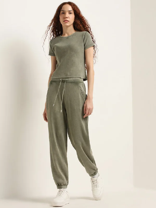 Studiofit Olive Waffle-Textured High-Rise Cotton Joggers Women's Elegant Suit