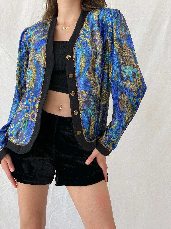 Statement Vintage Paisley Print Velvet Button Front Blazer - L Women's Unique Blazer