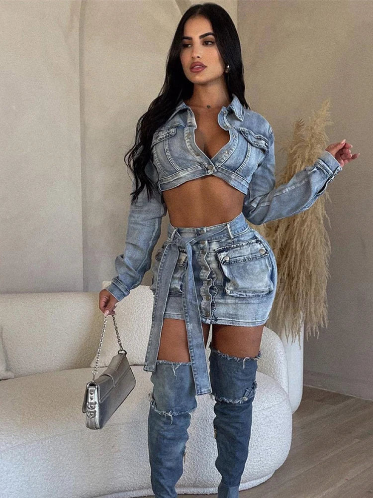 FZ Women's Distressed 2Piece Single-Breasted Denim Skirt Suit