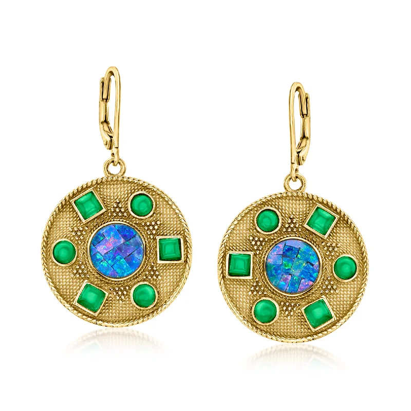 Dainty Floral Jewelry For Feminine Elegance Ross-Simons Mosaic Black Opal Triplet Drop Earrings With Green Agate in 18kt Gold Over Sterling
